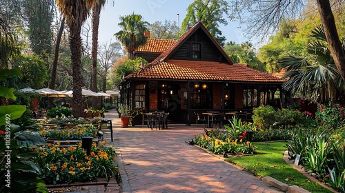 Fototapeta Naklejka Na Ścianę i Meble -  A historic landmark surrounded by lush vibrant gardens and quaint cafes nestled in the charming streets of a picturesque small town offering visitors a serene and nostalgic experience