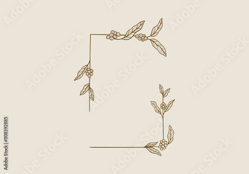 Coffee plant branch with leaves rectangle frame hand drawn decoration