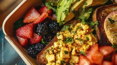 Vegan breakfast box with tofu scramble, avocado toast, and fruit salad, bright and fresh, healthy lifestyle focus, [breakfast box], [vegan friendly]  photo