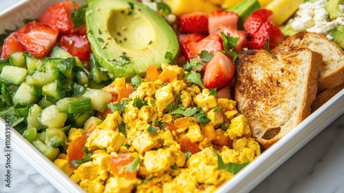 Vegan breakfast box with tofu scramble, avocado toast, and fruit salad, bright and fresh, healthy lifestyle focus, [breakfast box], [vegan friendly]  photo