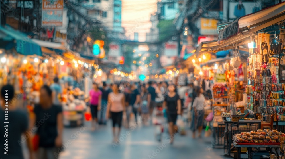 Obraz premium Busy market street at dusk. AI.