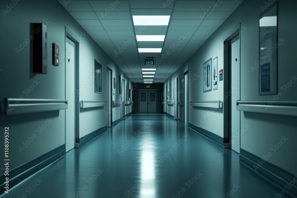 Obraz premium Long hospital corridor at night. AI.