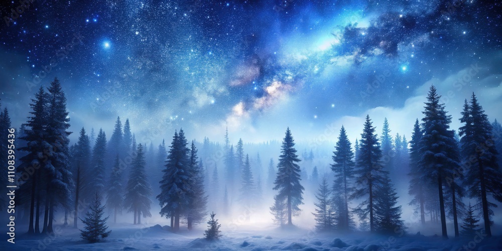 Fototapeta premium The celestial expanse above a snow-covered forest, where stars twinkle and the Milky Way stretches across the night sky, casting an ethereal glow on the frosted trees.