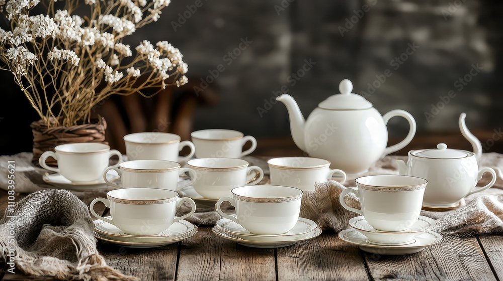 Fototapeta premium Elegant Porcelain Tea Set with Matching Cups and Saucers, Featuring Exquisite Design, Perfect for Afternoon Tea or Special Occasions on Rustic Wooden Table