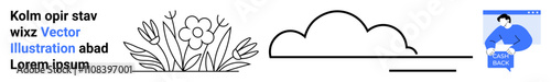 Man holding a book, hand-drawn flowers, and minimalist cloud line art. Ideal for website design, educational content, print media, digital marketing, social media graphics, blog illustrations