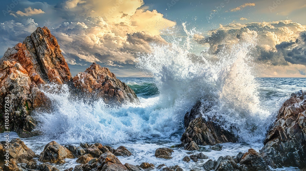 Fototapeta premium Powerful Waves Crashing Dramatically Against Rocky Shoreline Under a Colorful Sky at Sunset Captured in Stunning Detail