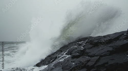 Powerful Waves Crashing Dramatically Against Rocky Shoreline in Moody Atmosphere with Impressive Water Spray During Stormy Weather