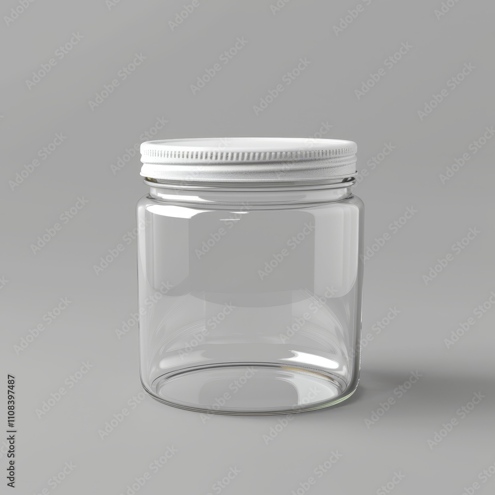Empty glass jar with white lid on grey background. Empty glass jar with white lid on grey background.