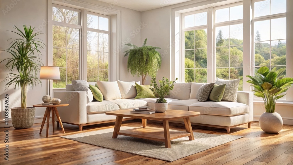 Fototapeta premium A modern living room with a large sectional sofa, coffee table, and natural light streaming in through large windows.