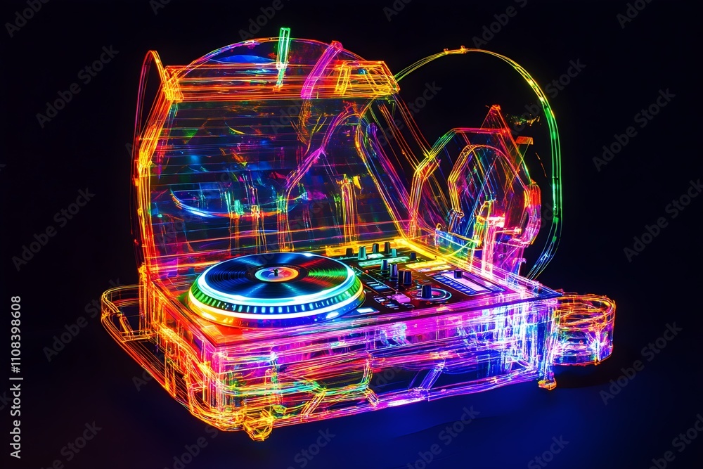 Fototapeta premium A futuristic DJ booth made of neon wireframe, playing vinyl records at a silent disco party against a black backdrop.