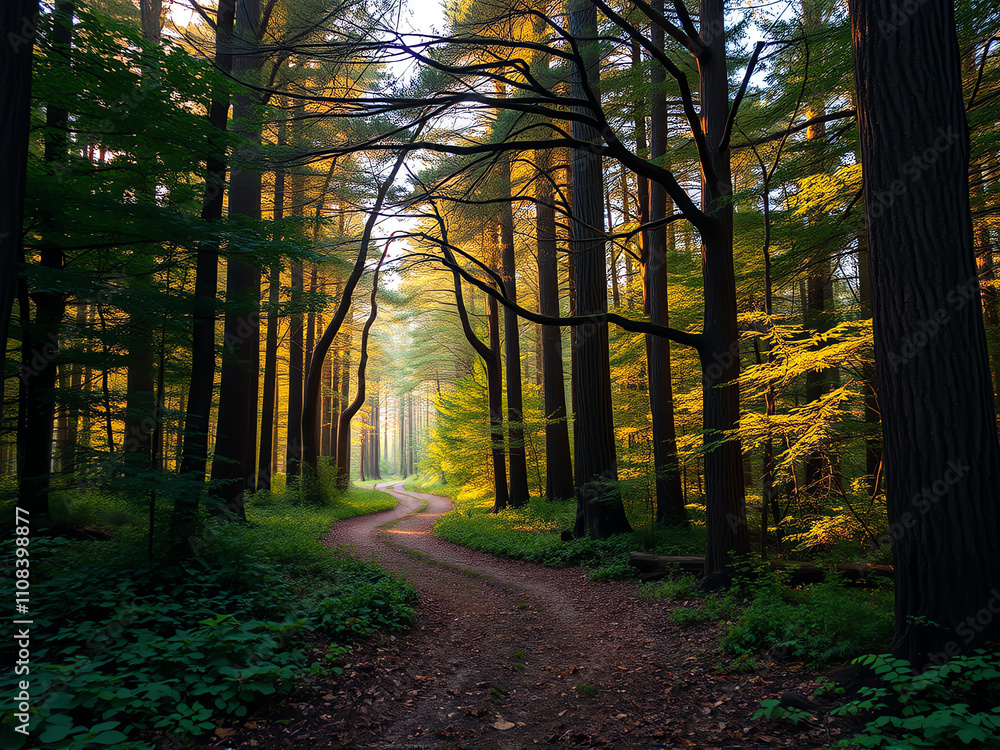 Fototapeta premium Serene forest path winding through tall trees with golden sunlight filtering through the leaves in early evening