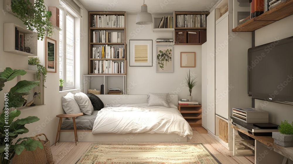 Fototapeta premium Cozy Studio Apartment with Modern Decor, Soft Lighting, and Natural Elements for a Relaxing Living Space