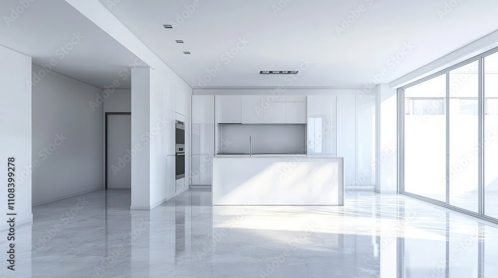 Fototapeta premium Minimalist Studio Apartment with Bright Space and Modern Kitchen Design, Features Sleek White Cabinets and Large Windows for Natural Light