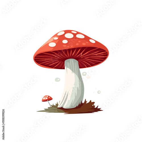 Brightly colored mushroom growing in forest with smaller mushroom nearby
