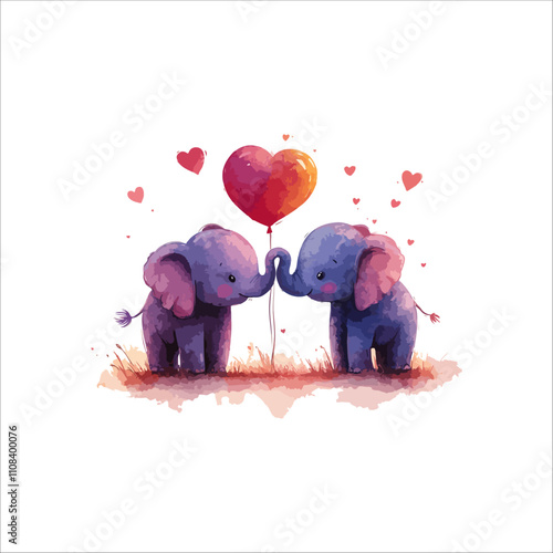 Cute elephants in love with heart vector illustration. Cute couple elephants with hearts.