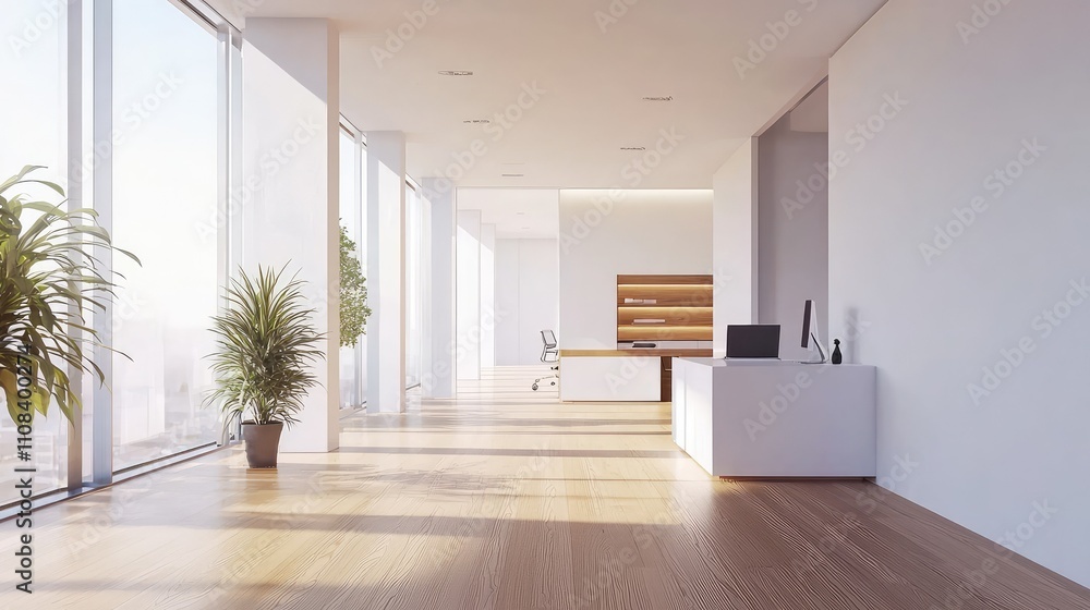 Fototapeta premium Modern Office Interior Design Featuring Minimalist Aesthetic and Abundant Natural Light with Spacious Layout Ideal for Corporate Use and Creative Workspaces