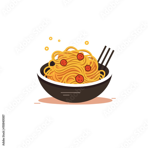 Delicious bowl of noodles with red toppings and chopsticks at a dining table