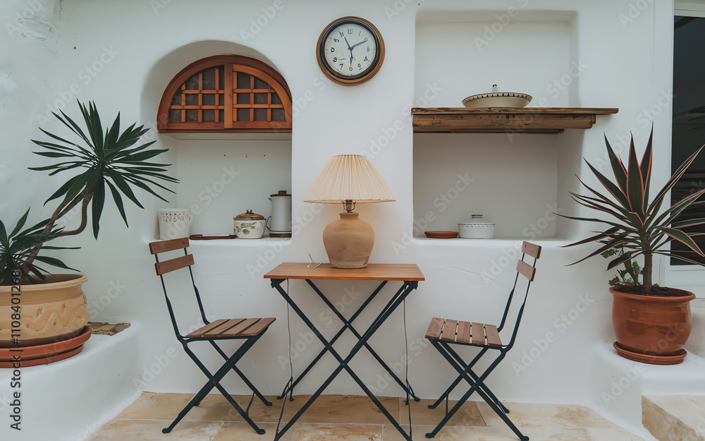 Fototapeta premium Cozy outdoor seating area with minimalist decor in a Mediterranean courtyard at midday