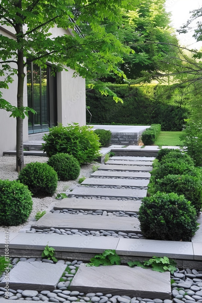 Fototapeta premium A serene garden pathway featuring stone steps and lush greenery, leading to a modern house. Perfect for landscaping and outdoor design concepts.