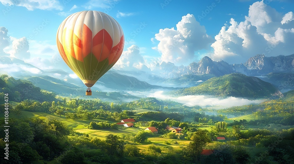 Fototapeta premium Enjoy a Breathtaking Hot Air Balloon Adventure Soaring Over Picturesque Rolling Green Countryside and Meadows