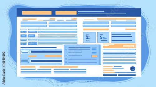 Abstract digital interface layout showcasing organized sections, input fields, and various design elements on a blue background in a minimalist style photo