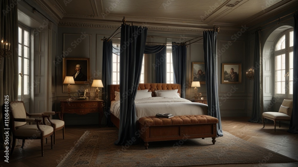 Fototapeta premium Here's a caption and keywords for your stock photo, following your specifications.. Luxurious master bedroom with four-poster bed, antique furniture, and elegant drapes.