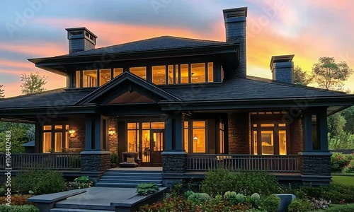 Bronze-Hued Modern Craftsman Home at Dawn, Nestled in a Serene Cul-de-Sac