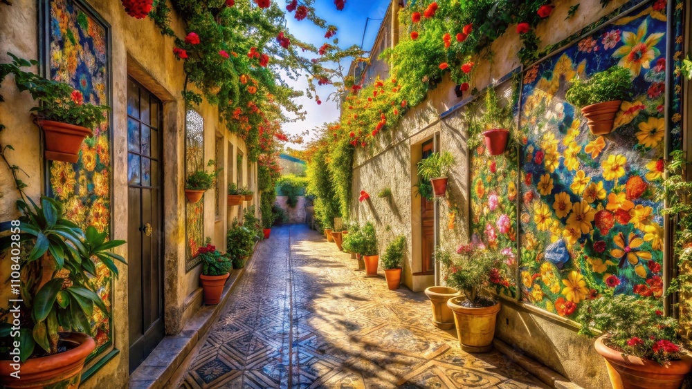 Naklejka premium A narrow, cobblestone alleyway adorned with vibrant floral arrangements and decorative artwork, creating a picturesque and inviting ambiance.