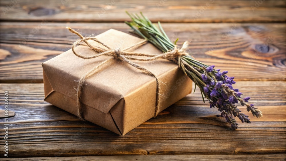 Fototapeta premium A simply wrapped gift box tied with twine and a sprig of lavender on a rustic wooden surface.