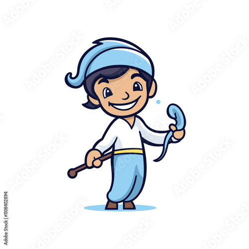 Young character holding a magical object in playful pose