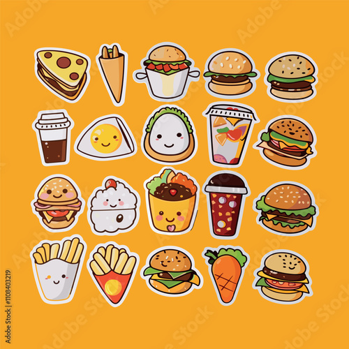 collection of cute fast food stickers vector