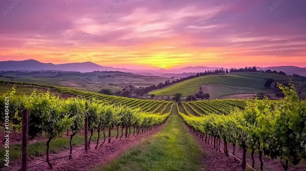 Fototapeta premium Breathtaking Scenic View of Lush Vineyards in the Rolling Hills of Tuscany at Sunset with Vibrant Skies and Verdant Landscapes