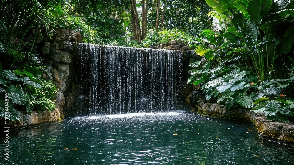 Naklejka premium Lush Tropical Rainforest Waterfall Surrounded by Vibrant Vegetation and Serenity in a Tranquil Oasis for Nature Lovers and Relaxation Seekers