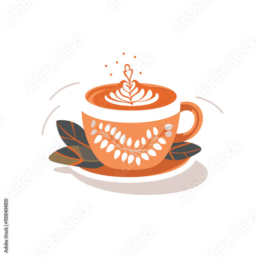 Beautiful latte art in an orange coffee cup