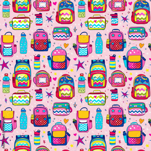 Colorful seamless pattern with backpacks and water bottles on pink background for kids fashion and school themes photo