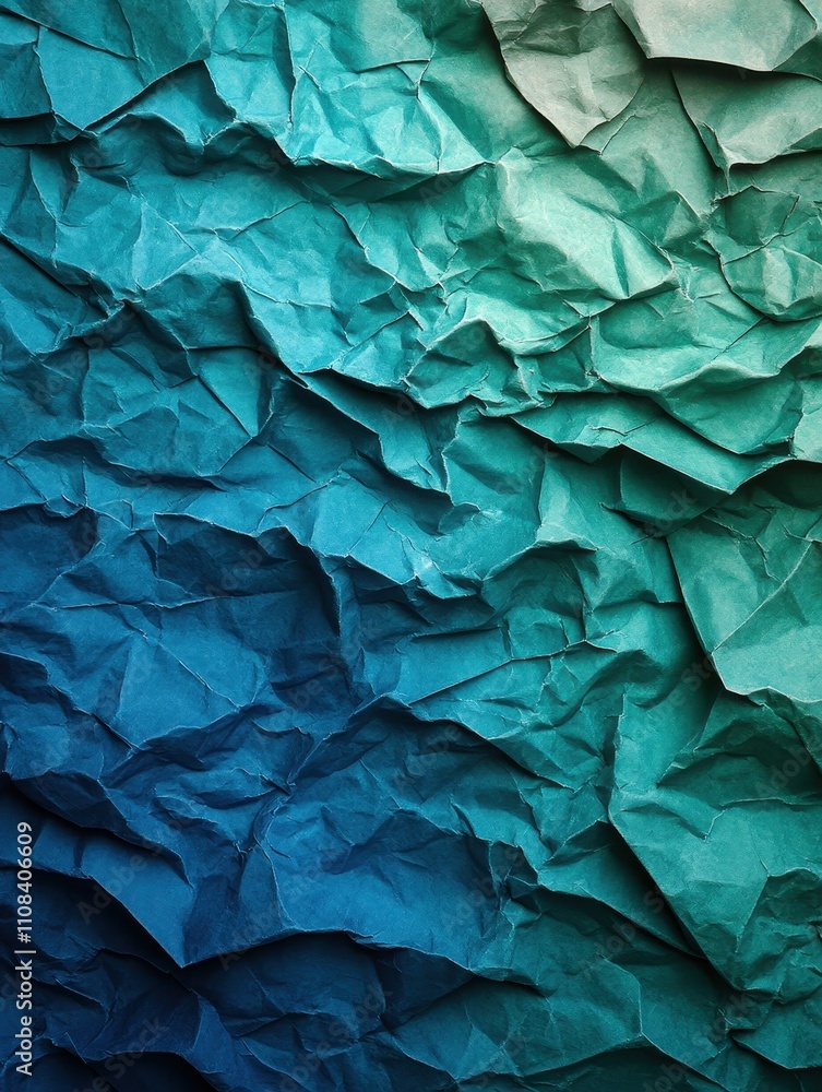 Fototapeta premium Gradient of cool-toned crumpled papers transitioning from blue to green for an artistic background