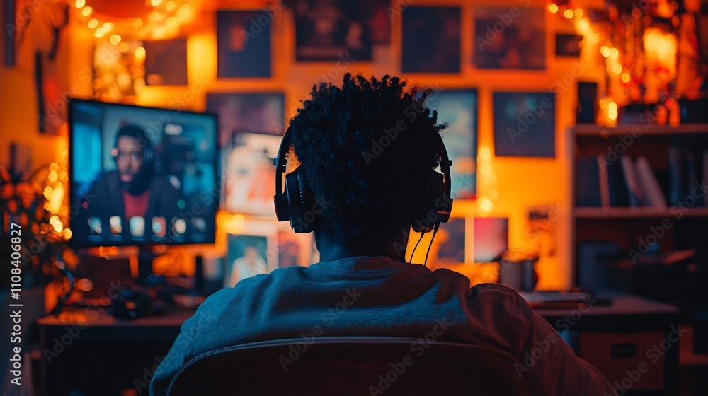 Obraz premium Person Wearing Headphones Engaging in Virtual Meeting from Small Desk Setup with Soft Ambient Lighting Providing a Cozy and Comfortable Work Environment