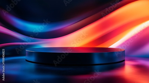 Dark Platform Illuminated By Vibrant Neon Waves