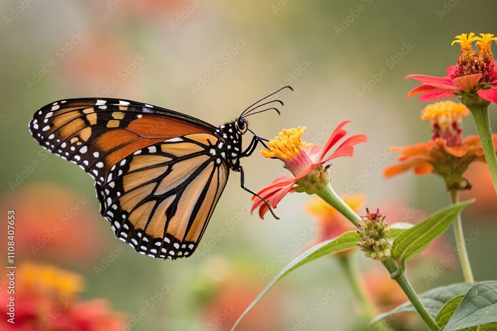 Fototapeta premium Close-up of a Beautiful Butterfly Sipping Nectar from a Vibrant Flower, colorful flowers, elegance, insect, macro photography, close up