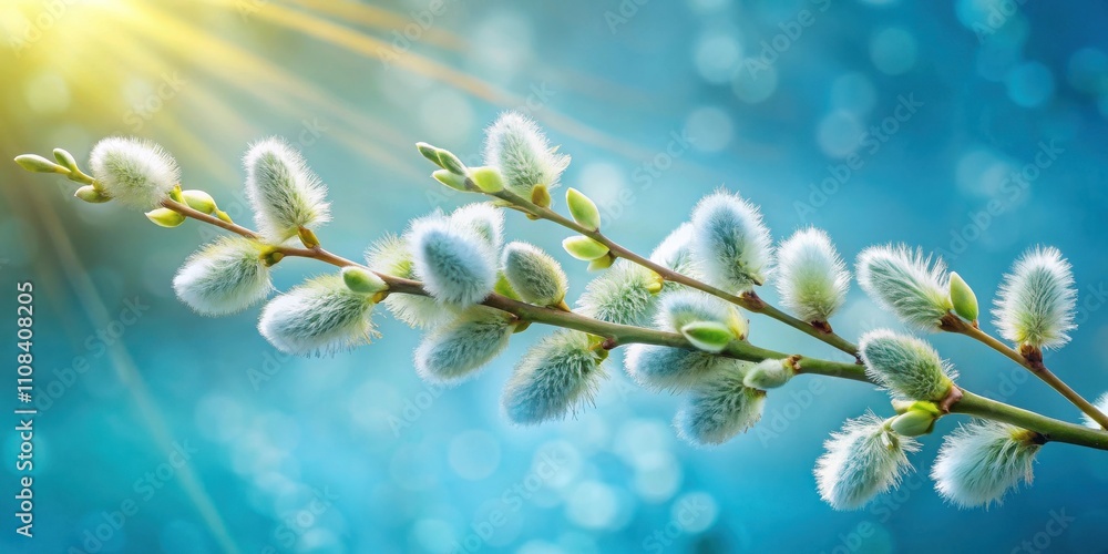 Fototapeta premium Delicate Springtime Buds Emerging From a Willow Branch, Glowing in the Soft Light of the Sun