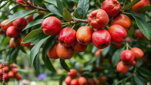 Close-up of ripe eriobotrya japonica lindley fruits on a tree branch in a lush garden, close-up, fresh photo