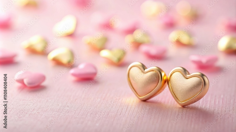 Fototapeta premium Two Golden Hearts Resting Amongst a Scatter of Pink Hearts on a Soft Pink Surface