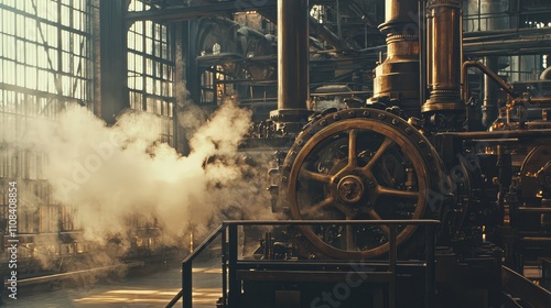Historical Steam-Powered Machinery in an Industrial Setting with Intricate Design and Atmospheric Smoke Contributing to Vintage Aesthetic