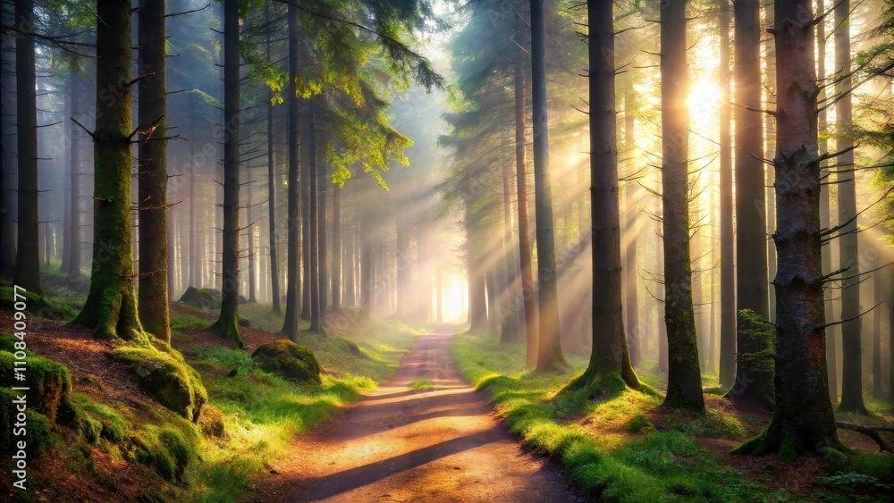 Obraz premium A sunlit pathway through a misty forest, revealing a bright opening between the tall, moss-covered trees