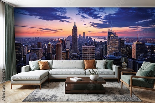 Wallpaper Mural Modern Living Room Wall Art Featuring 3D Cityscape Background Visualization Torontodigital.ca