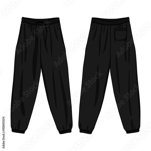 Sweatpants technical drawing fashion flat sketch vector illustration black color template front, back views.