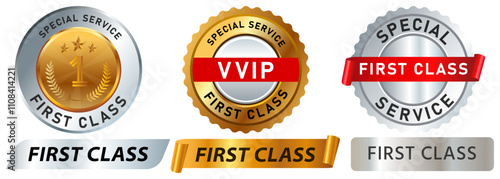 First class elite grade VIP important priority service customer special stamp gold silver badges emblem sticker banner label button medallion medal design icon set collection