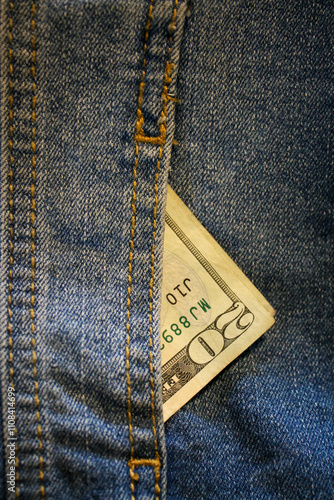 Twenty dollar bill in denim pocket