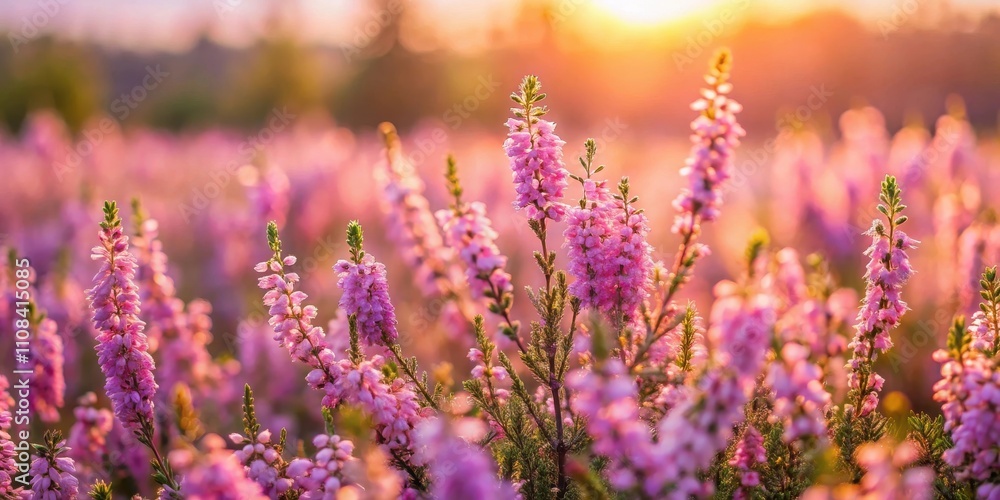 Obraz premium A field of delicate pink blossoms bathed in the warm glow of the setting sun, a symphony of nature's beauty