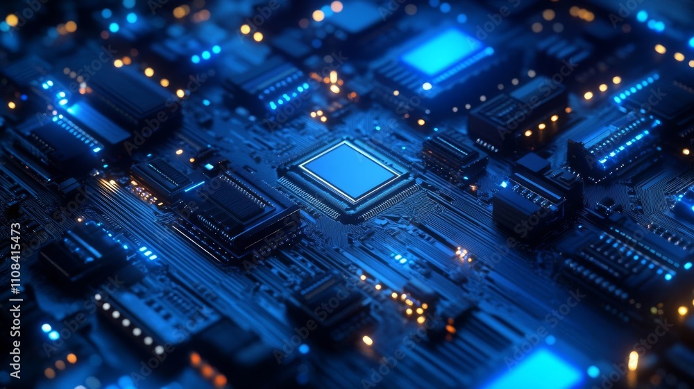 Fototapeta premium Futuristic microchip processor with lights on blue background. Quantum computer large data processing database concept. cpu isometric banner. Central computer processor CPU concept.